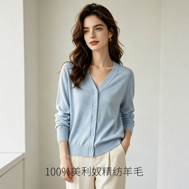 100% Merino fine-spun wool V-neck cardigan for women, thin spring/autumn knitwear, versatile long-sleeve top