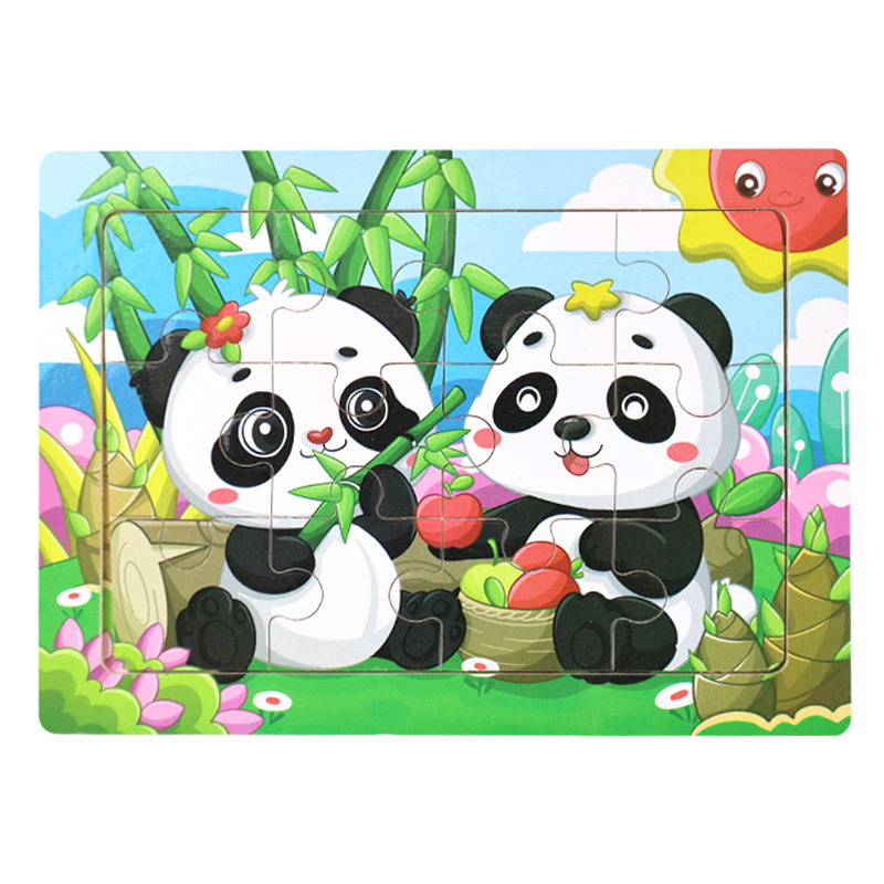 Rompecabezas plano de madera de 12 piezas, juguetes educativos para niños pequeños, rompecabezas de pensamiento lógico cognitivo de animales de dibujos animados de educación temprana