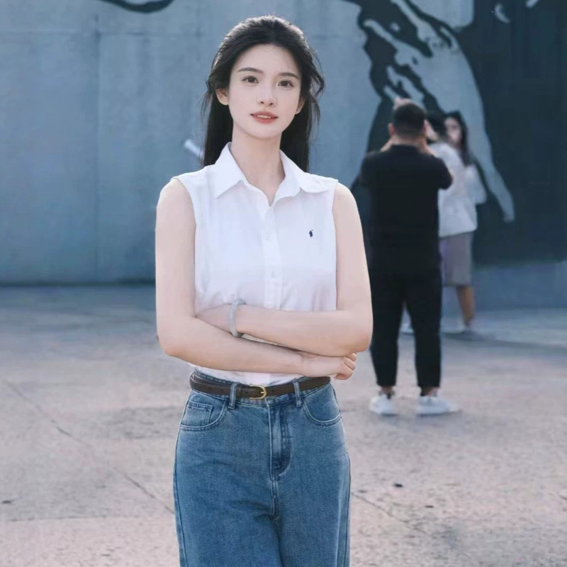 Cross-Border In-Stock Rl Ralph Sleeveless Shirt with Polo Collar, Small Horse Logo Embroidery, Versatile Trendy Slim-Fit Top for Women