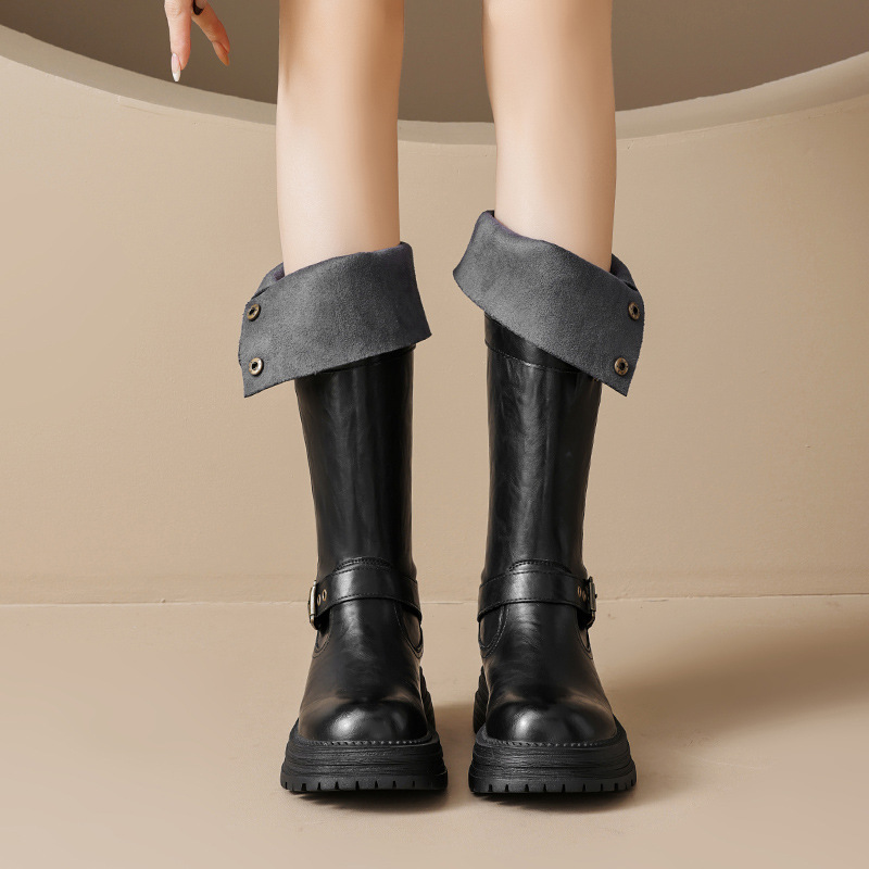Botas Altas de Montar para Mujer de Cuero Sintético con Suela Gruesa para Otoño e Invierno