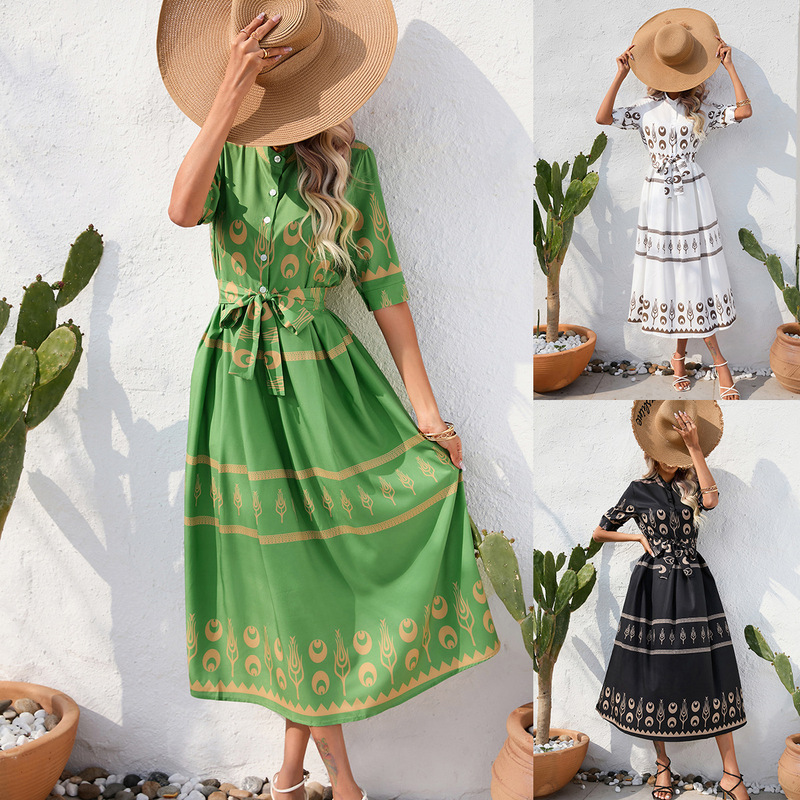 Foreign Trade Women's Clothing Europe, America and Europe Station Amazon Cross-border Summer Famous Family Style Printing Five-point Sleeve dress