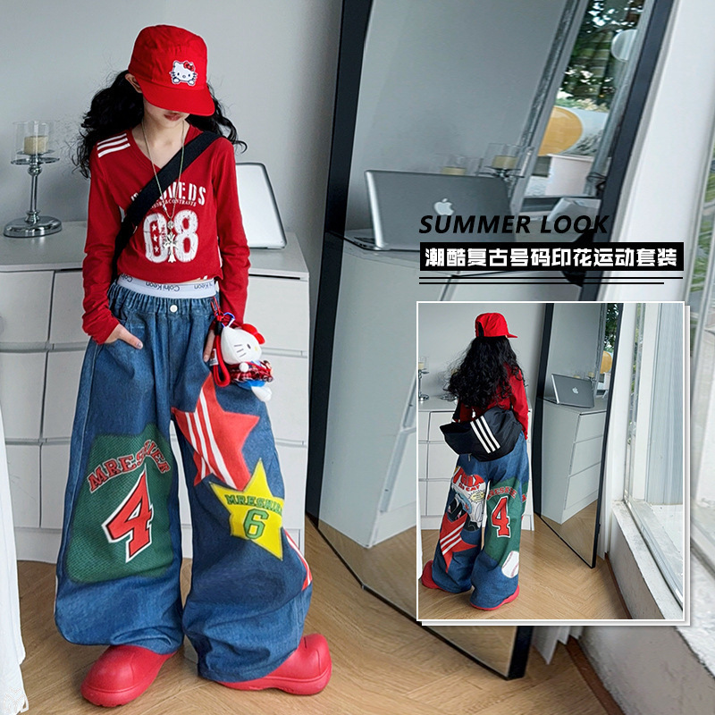 潮酷复古字母印花t恤女童2025秋季新款美式球衣风牛仔裤运动套装|undefined