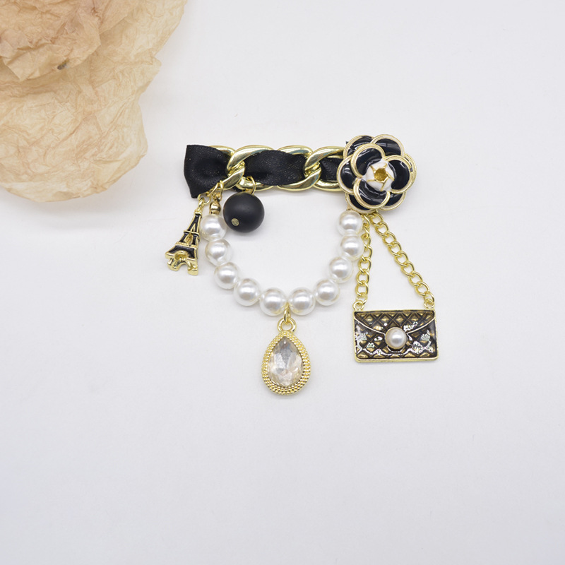 Vintage Metallbrosche Mit Kamelie Und Perlenkette Für Damen_voghion.com