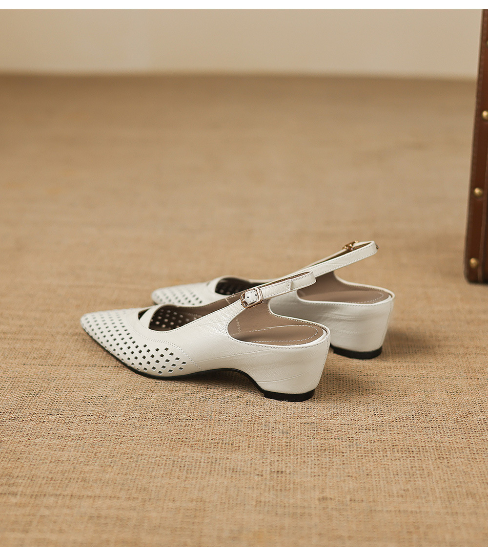 Sandal nữ gót thấp 5.5 cm mũi kín quai ngang khóa một chữ — màu trắng ngà chi tiết 17