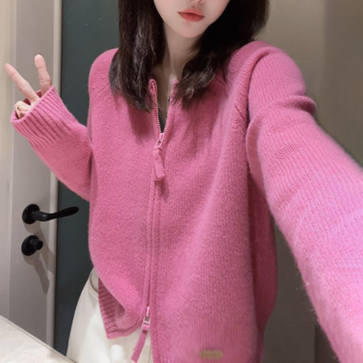 批发2025新款设计感双拉链韩系毛衣针织衫女开衫外套洋气宽松上衣|undefined