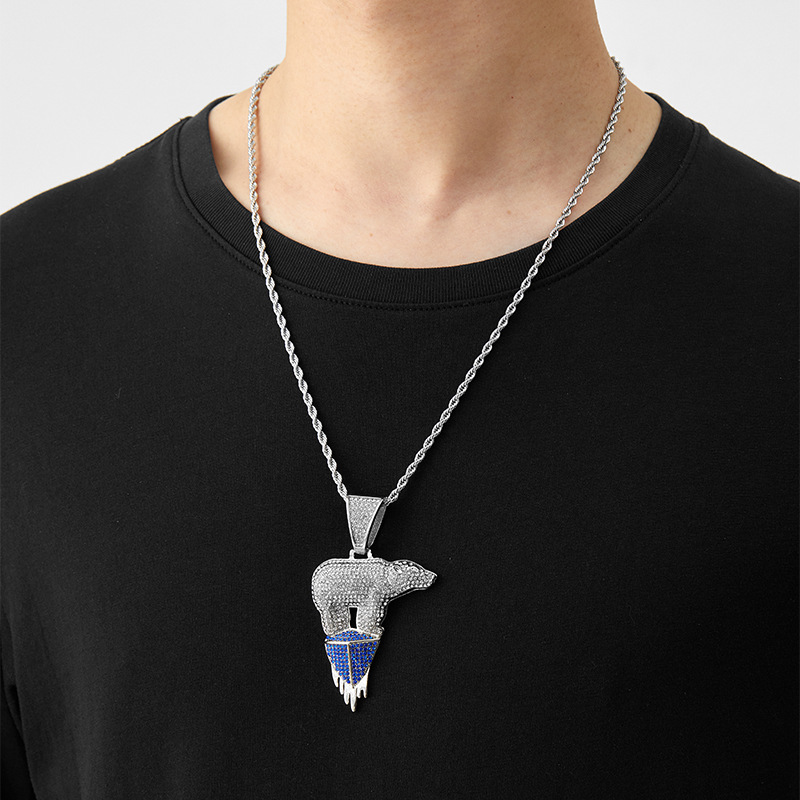 Polar Bear Diamond Pendant Necklace With Cuban Chain For Unisex_voghion.com
