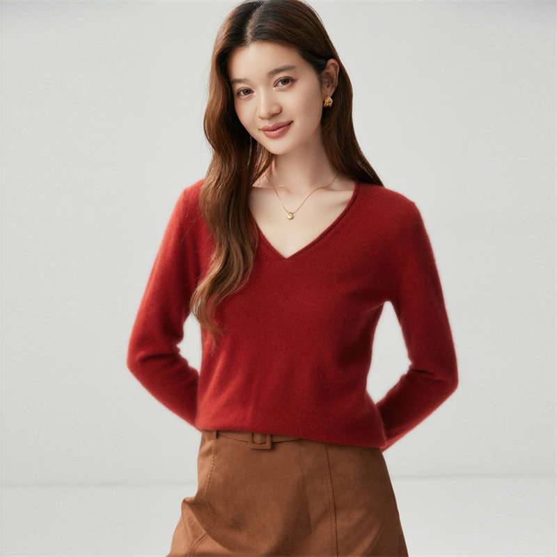 Cashmere Sweater 2026 Autumn/Winter New Women's V-neck Rolled Edge Base Shirt Versatile Solid Color Loose Slimming Sweater