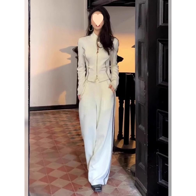 休闲运动服套装女高级感拼接立领长袖裤子显瘦气质两件套|undefined