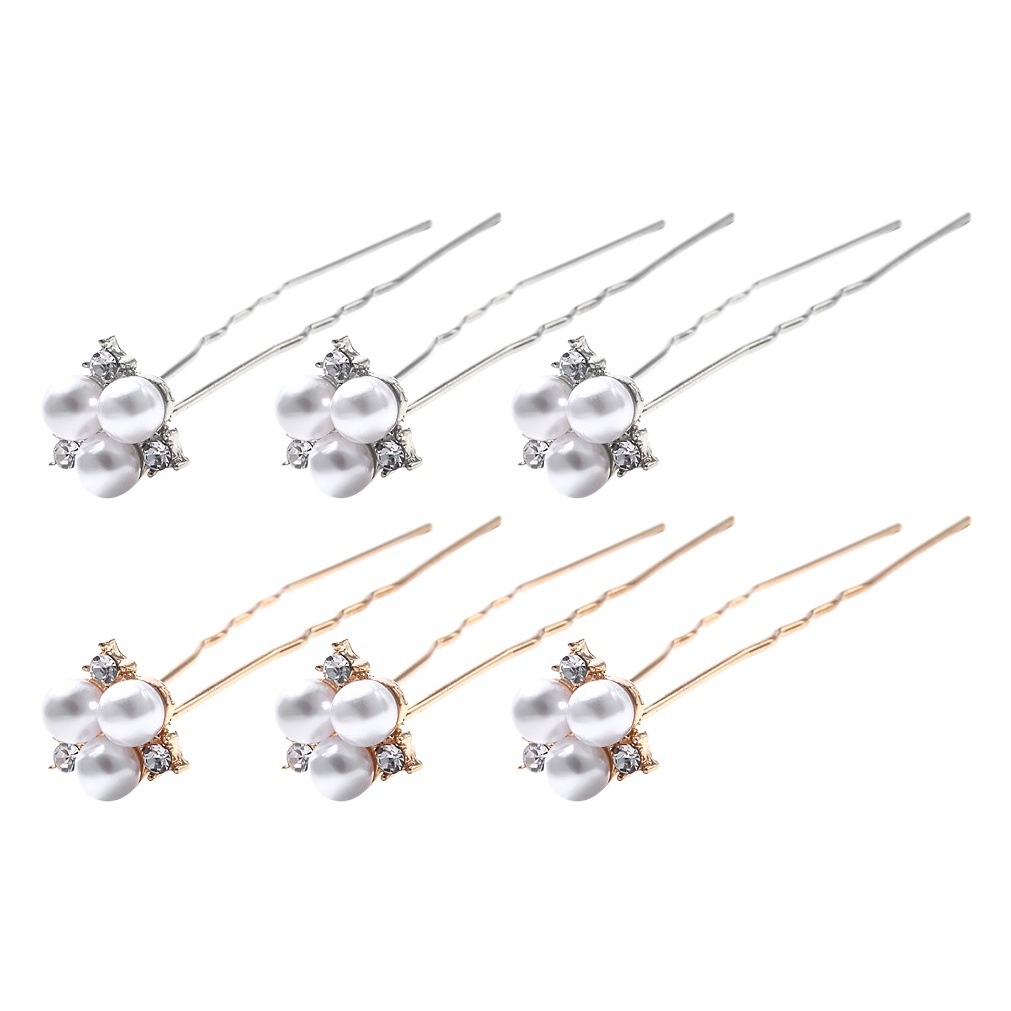 Hairpin with Pearl and Diamond Embellishments, U-Shaped Hairpin, Single Diamond Flower-Shaped Hairpin for Wedding Bride Hanfu Hair Accessories