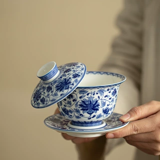 景德镇青花缠枝莲可悬停盖碗陶瓷茶具泡茶碗三才盖碗家用功夫茶具