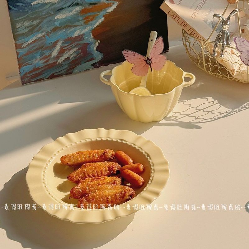 クリームビーズドット洋食プレートインスタイル高級麦わら帽子プレートパスタプレート深皿プレート釉下カラーレストランスタイル|undefined