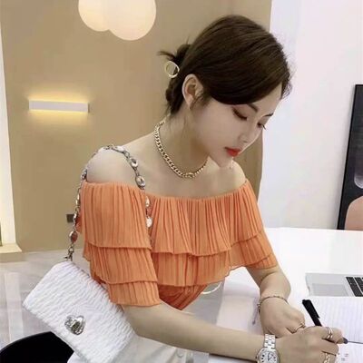 Off Shoulder Chiffon shirt Short sleeved 2022 new pattern Korean Edition Fold Lotus leaf Western style