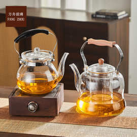 简约ins风高硼硅耐热玻璃提梁壶木把手烧水茶壶大容量加厚煮水壶