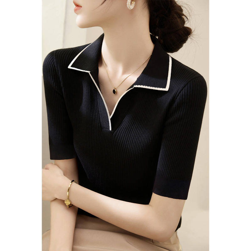 2025 Summer New Women's Black Slim-fit Slimming Short-sleeved Knit Shirt Chic Color-block Polo Collar T-shirt Top