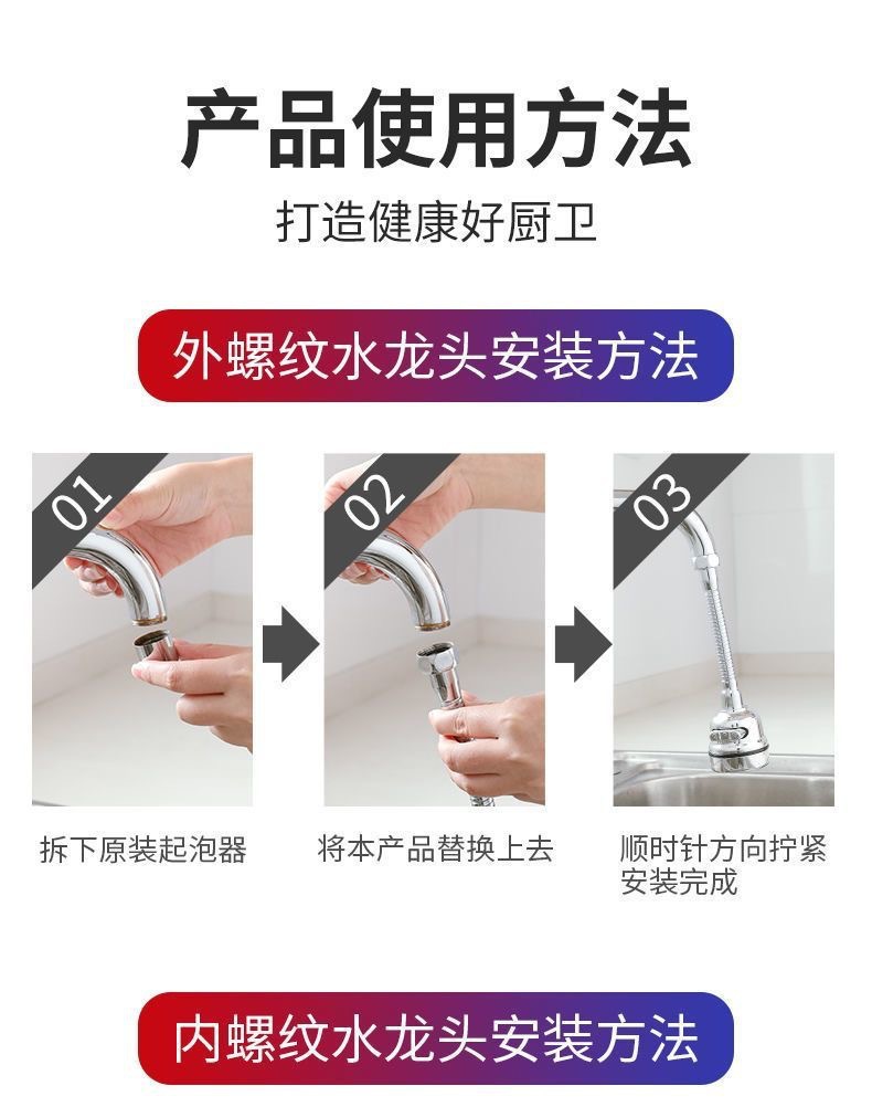Splash-proof faucet, universal extender, showerhead pressurized filter, rotary filter, extended bubble details Picture