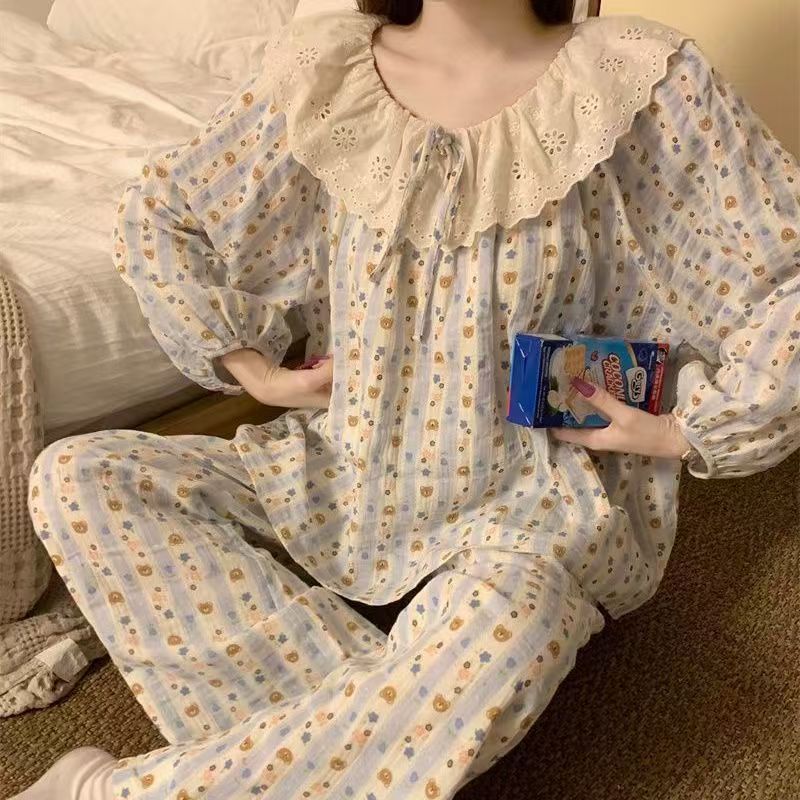 长袖云朵棉睡衣女款2025新款春秋季甜美公主风蕾丝家居服秋季套装|undefined