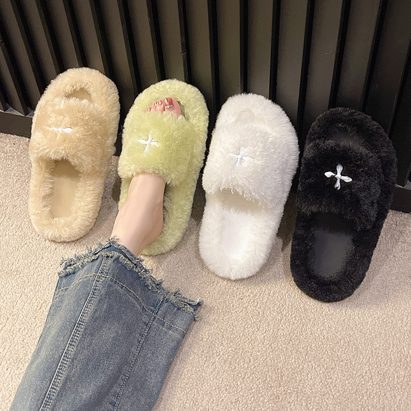 2024 New Autumn and Winter Cross Flower Teddy Fur Slippers Women's Flip-Flops Outer Wear Thick-Soled Slippers Home Cotton Slippers