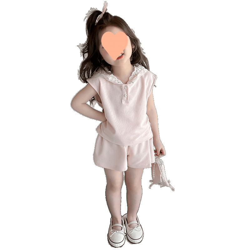 女の子の夏のノースリーブスーツ 2025 新しい子供のフード付きベストショーツツーピースベビー夏服|undefined