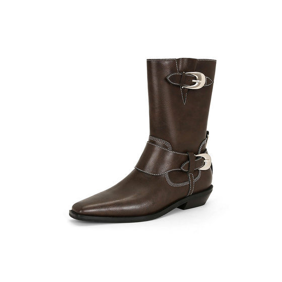 Su Yinyin's Niche Metal Buckle Outdoor Thick Heel Desert Western Ankle Boots Women's Mid-Barrel Chelsea Martin Boots