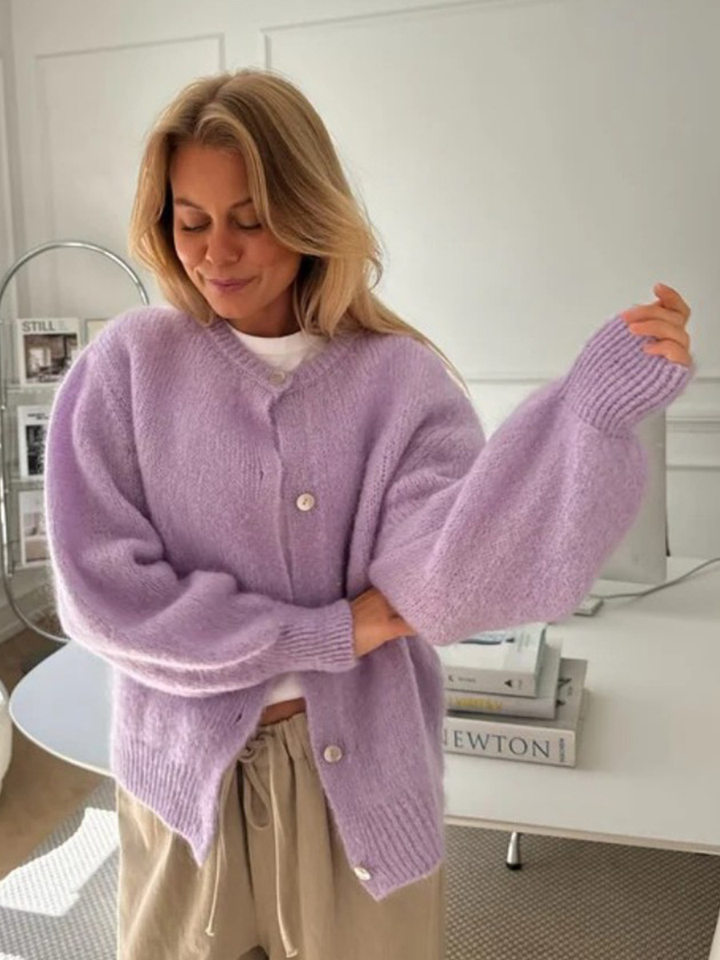 Áo cardigan len dệt kim dáng mỏng nhẹ cài nút một hàng, tay dài cổ tròn nữ — hoa hồng đỏ, màu be, màu cam, màu hoa cà chi tiết 70