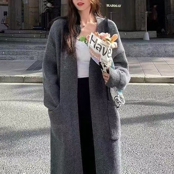 欧美跨境外贸慵懒风纯色针织开衫女2025秋冬季新款中长款口袋大衣|undefined