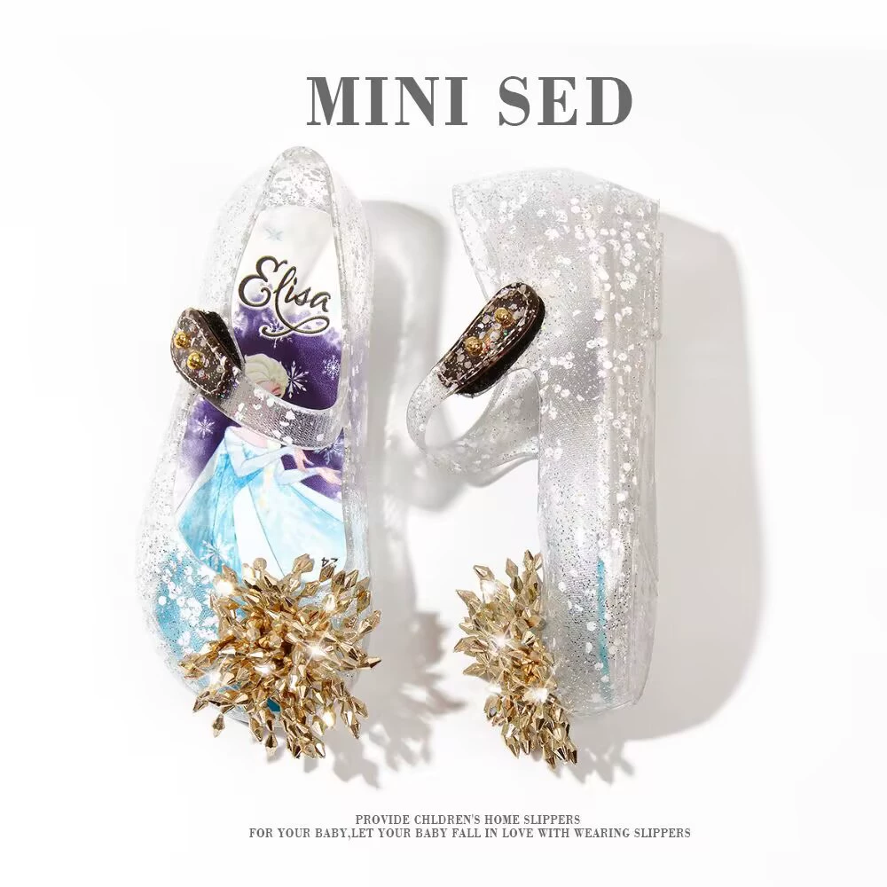 2025 новых сандалий, детские туфли Мэри Джейн из желеобразного материала, летние блестящие цветочные туфли на мягкой подошве из кристаллического желе для маленьких девочек, туфли принцессы.
