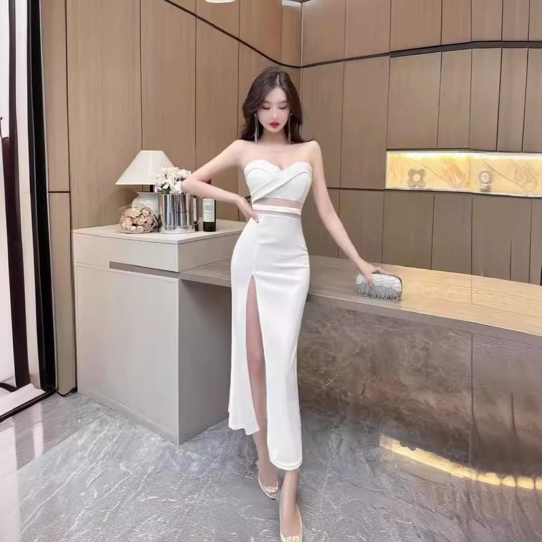 Nightclub Work Clothes, Sexy V Neck Dress, Feminine Slimming Look Slit Evening Dress, Tube Top, Hip-Covering Long Skirt