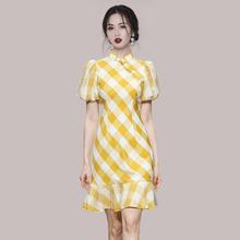 夏季格子旗袍连衣裙改良版年新款新式国风气质盘扣裙子设计感