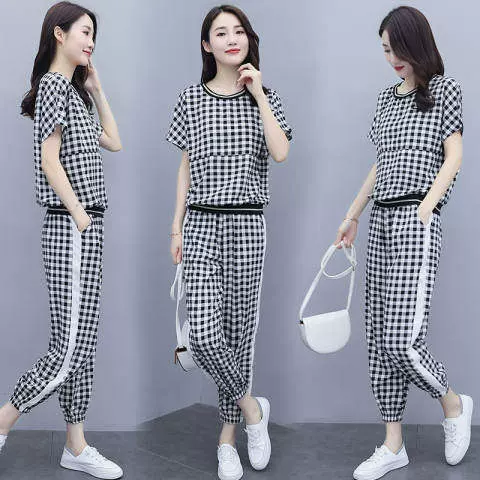格子套装女夏季2025新款韩版气质时尚大码洋气减龄休闲运动两件套