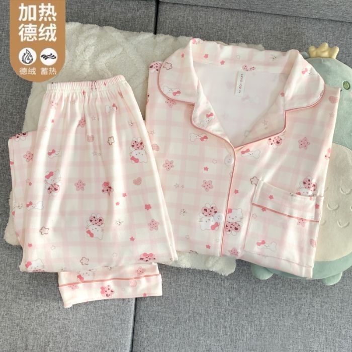 Al por mayor transfronterizo caliente de terciopelo de manga larga pijama conjunto de niñas otoño invierno dulce cardigán de dibujos animados ropa para el hogar