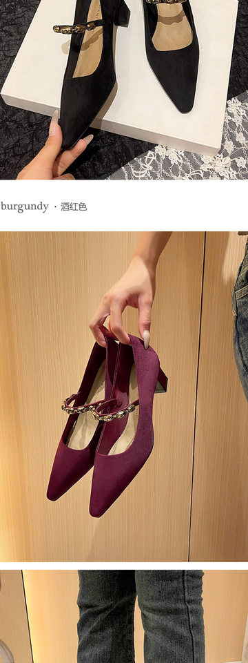 Giày cao gót nữ mũi vuông nhỏ quai ngang thanh lịch, gót vuông vừa 3–6 cm, chất liệu cashmere — Màu nâu, Màu đỏ rượu, màu đen chi tiết 11