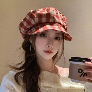 2025新款秋格纹八角帽女韩系百搭出街显脸小软檐云朵贝雷画家帽潮
