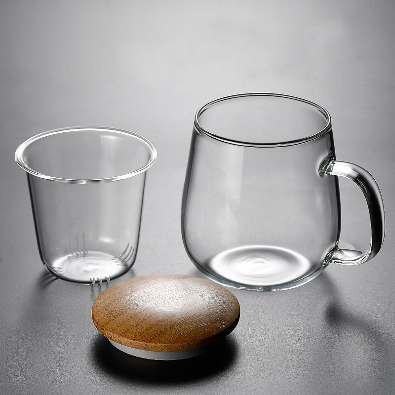 Juego de tres piezas de vidrio de borosilicato taza de separación de té taza de té cubierta de acero filtro de vidrio flor taza de té taza de beber