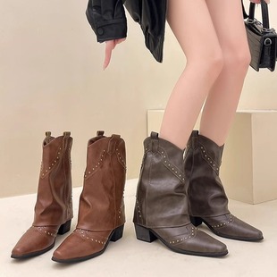 Retro European and American Joker Short Boots Women's 2024 Autumn and Winter New Smoke Tube Boots Small Pointed Western Denim Rider Boots