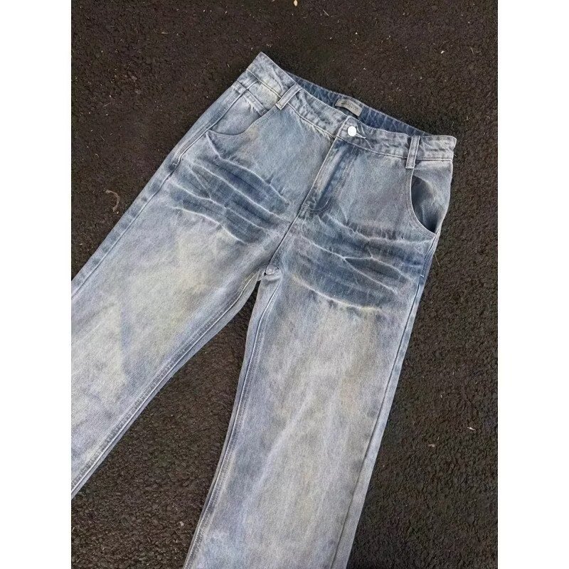 Men's Vintage Washed Blue Jeans with Lightning Bolt Pattern Midweight Straight Fit for Spring Autumn American Style Cool Edgy Streetwear_mkmklike.com