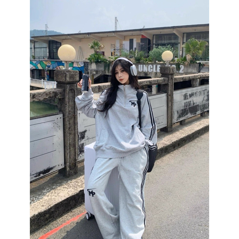 美式炸街休闲运动服套装女学生春秋季宽松立领半拉链卫衣裤两件套|undefined