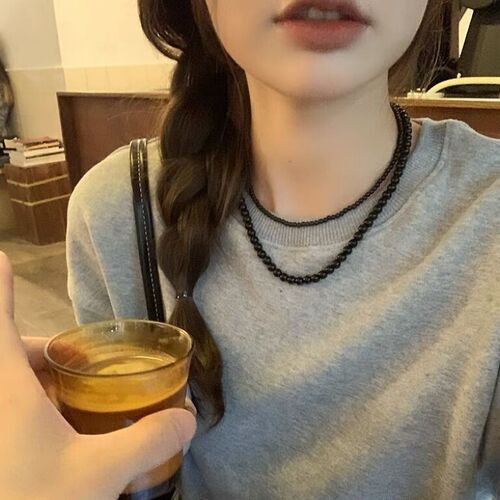 High-end black pearl feve same style niche design simple personality retro versatile temperament neck chain clavicle chain