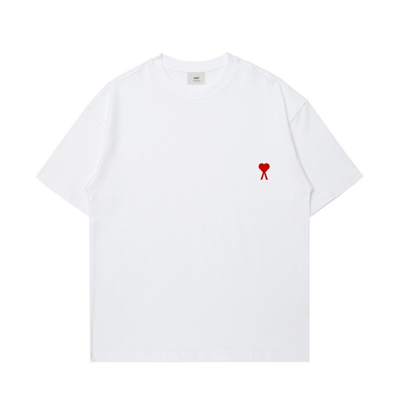 AMI&EASY 正しいバージョンのクラシックな小さな愛の刺繍半袖 Tシャツメンズ夏のトレンディなブランドルーズカジュアル多用途 Tシャツ|undefined