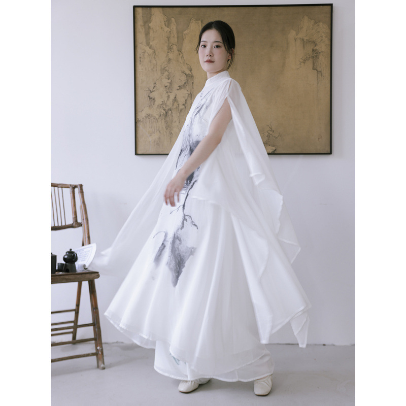 2025秋季新款复古中国风改良禅意茶服禅舞服水墨印花立领连衣裙女