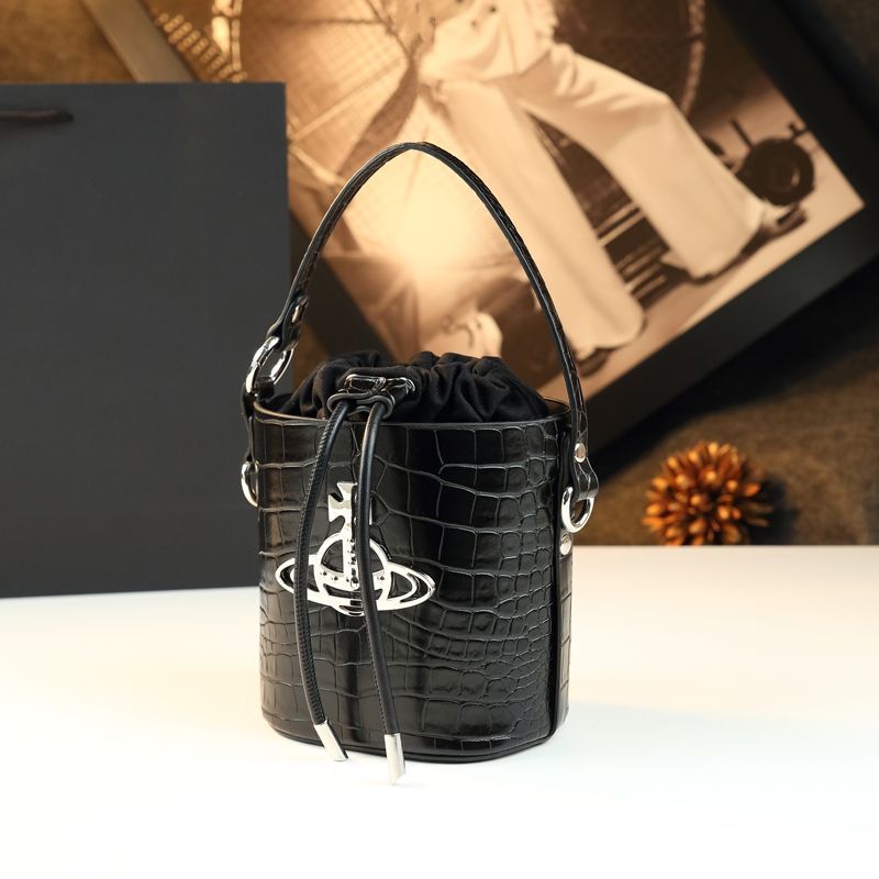 Túi bucket nữ da thật kiểu dáng thanh lịch, đeo chéo và xách tay đa năng — Vân cá sấu đen, Da bóng đen, Vân vải đen