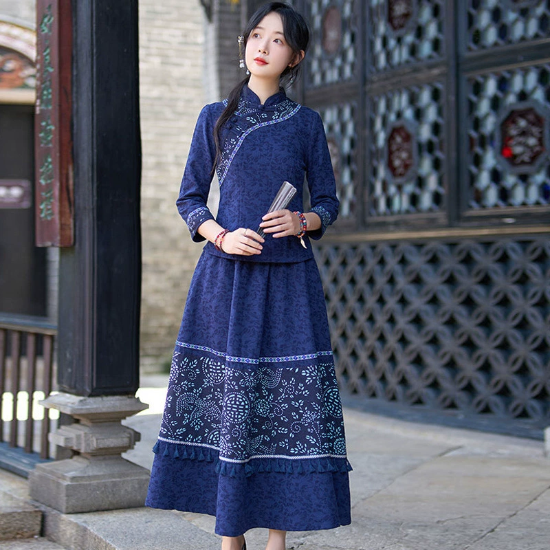 Весна 2025, новый китайский стиль ретро, стиль Республики Китай, маленький топ, чонсам, утягивающий двухкомплектный костюм