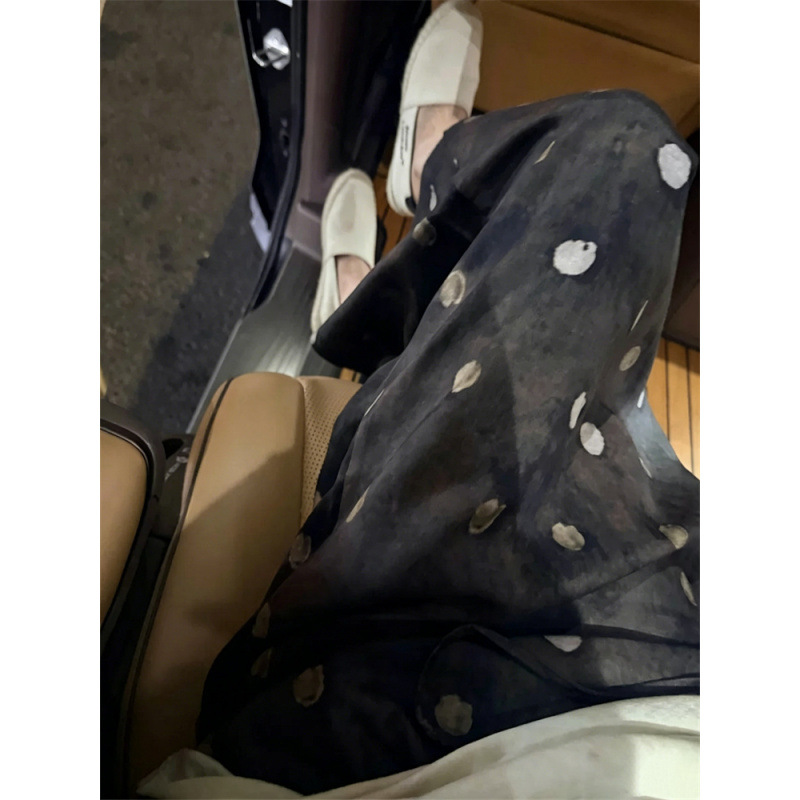 26夏季雾棕陨石天丝亚麻做旧炭棕水墨晕染波点开衩半身裙