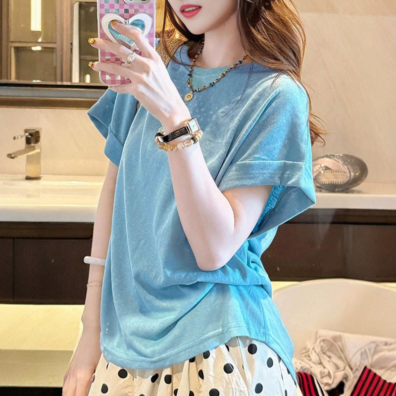 2026 Summer New Style Round Neck Lake Blue Snowflake Cotton Short-Sleeved T-Shirt for Women Simple Casual Korean Fashion Top 2026 Summer New Style Round Neck Lake Blue Snowflake Cotton Short-Sleeved T-Shirt for Women Simple Casual Korean Fashion Top