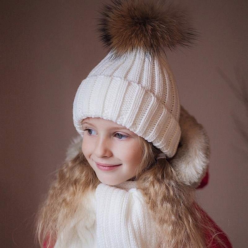 새로운 겨울 모자 스카프 어린이 세트 가죽 너구리 모피 공 따뜻한 두꺼운  소녀 울 캡
