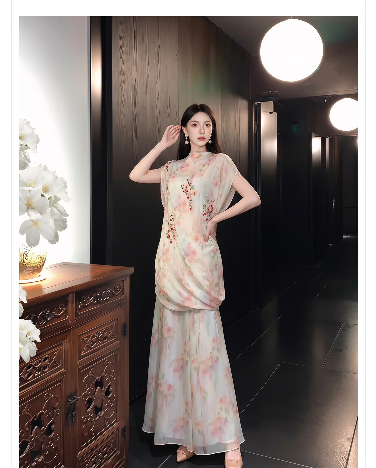 Bộ váy áo maxi thắt eo họa tiết hoa phong cách tân cổ điển — Trang chủ, bộ đồ, nửa váy chi tiết 9