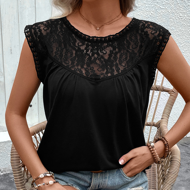 【Baifen Clothing】2026 New European and American Casual Vacation Style Sleeveless Floral Lace Patchwork Black Top for Women