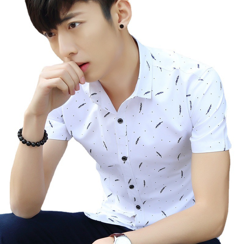 2023 hombres de verano cuello cuadrado camisa de manga corta Camisa transpirable de algodón para hombres pluma impresa casual ropa de hombre de moda simple