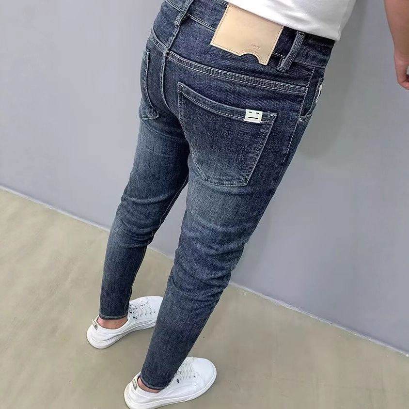 Blue Cropped Jeans for Men 2025 Summer New Vintage Trendy Slim Fit Skinny Pants Stretch Casual Long Pants