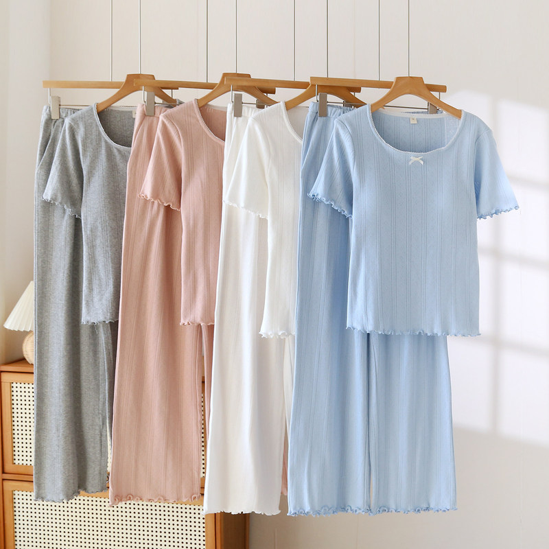 Summer Pure Cotton Pajamas with Breast Pads for Women, Knitted Jacquard Short-Sleeved Trousers Set, Sweet and Simple Home Clothes That Can Be Worn Outside