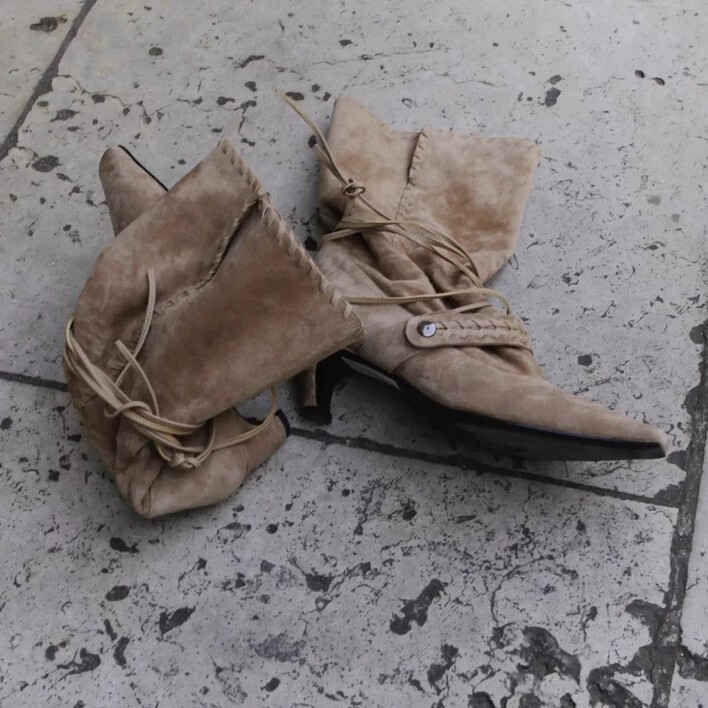 Sheepskin Version ~ Nomadic Niche Suede Small Square Toe High-Heeled Western Cowboy Boots Women's Pleated Slim Boots Mid-Calf Short Boots